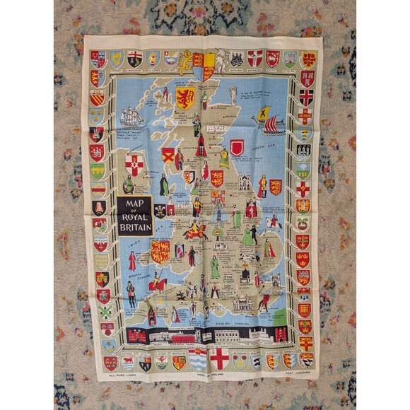 Vintage Mid Century Irish Linen Souvenir Tea Towel - Map of Royal Britain - Picture 1 of 6